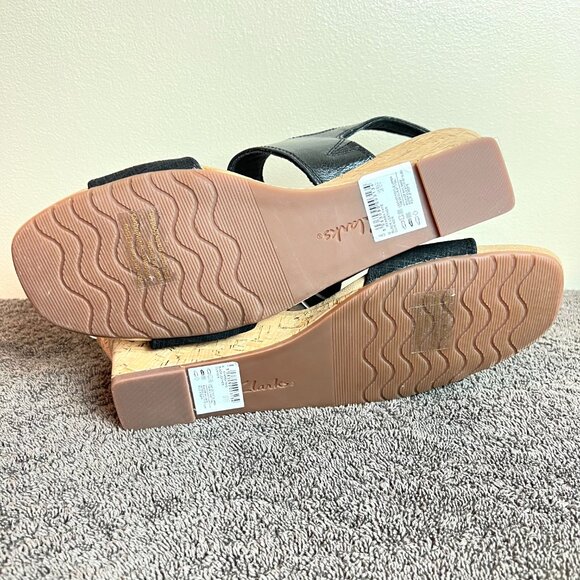 Clarks Womens Kyarra Faye‎ Black Leather Cork Wedges Sandals Shoes 12M New - Picture 10 of 14